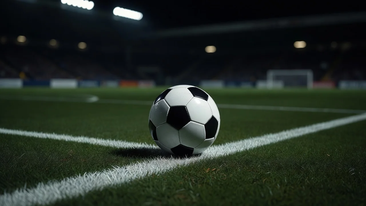 Football ball on a penalty spot under stadium lights