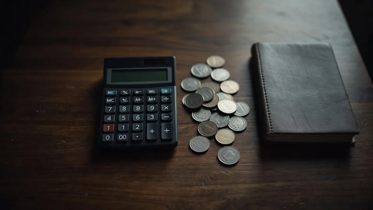 Calculator, notebook and pen on a dark desk