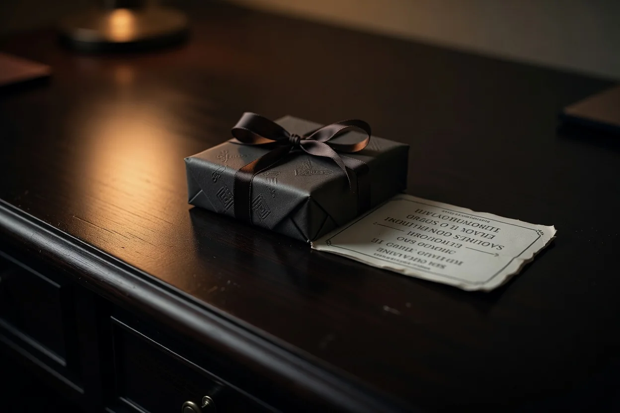 Gift box and sports ticket on a dark desk under warm light