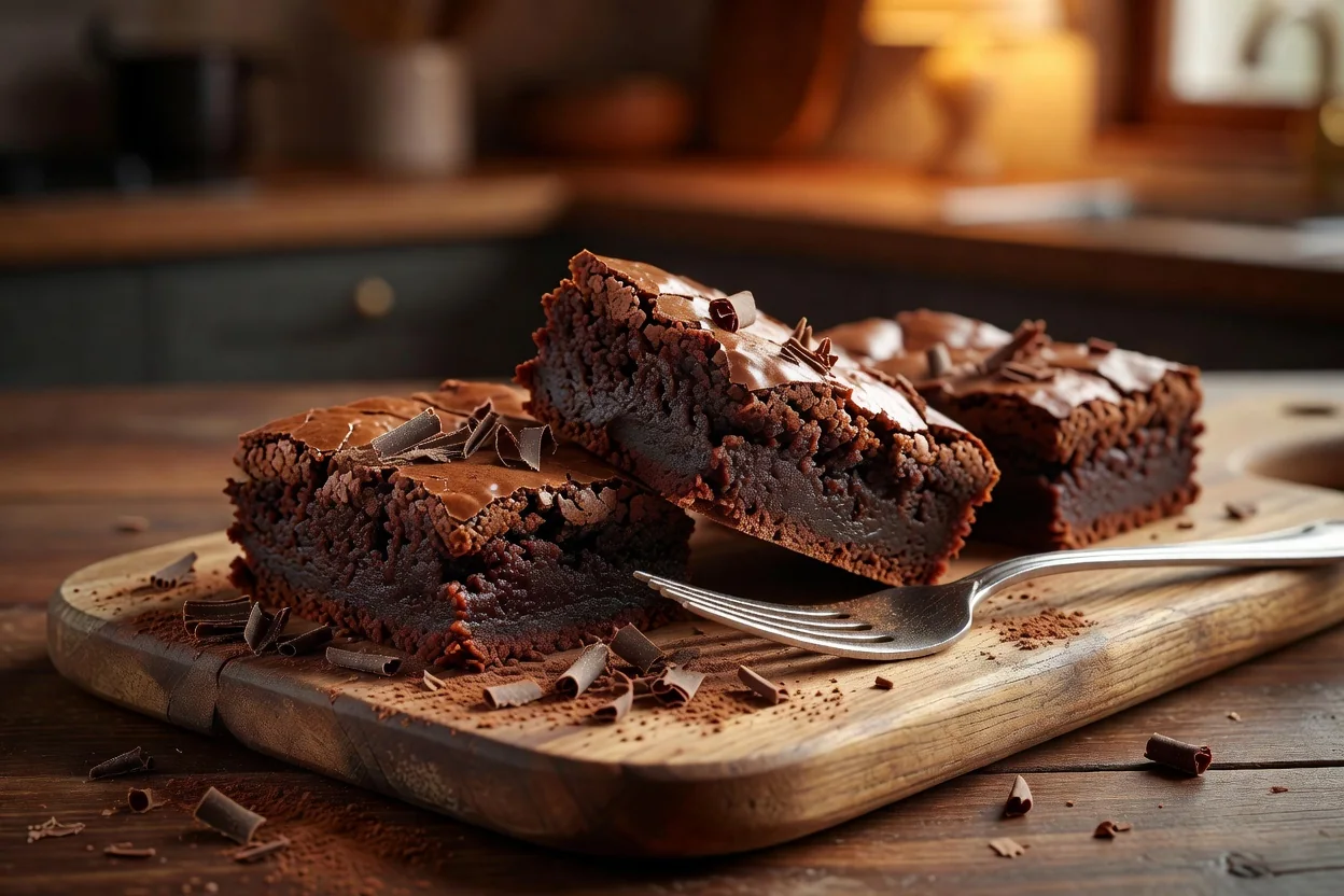Brownie caseiro em fatias sobre tábua de madeira com raspas de chocolate