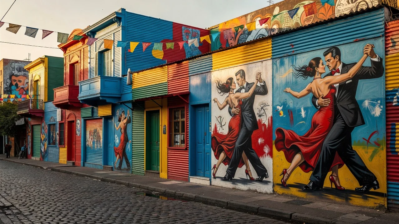 Casas coloridas do Caminito em Buenos Aires ao entardecer
