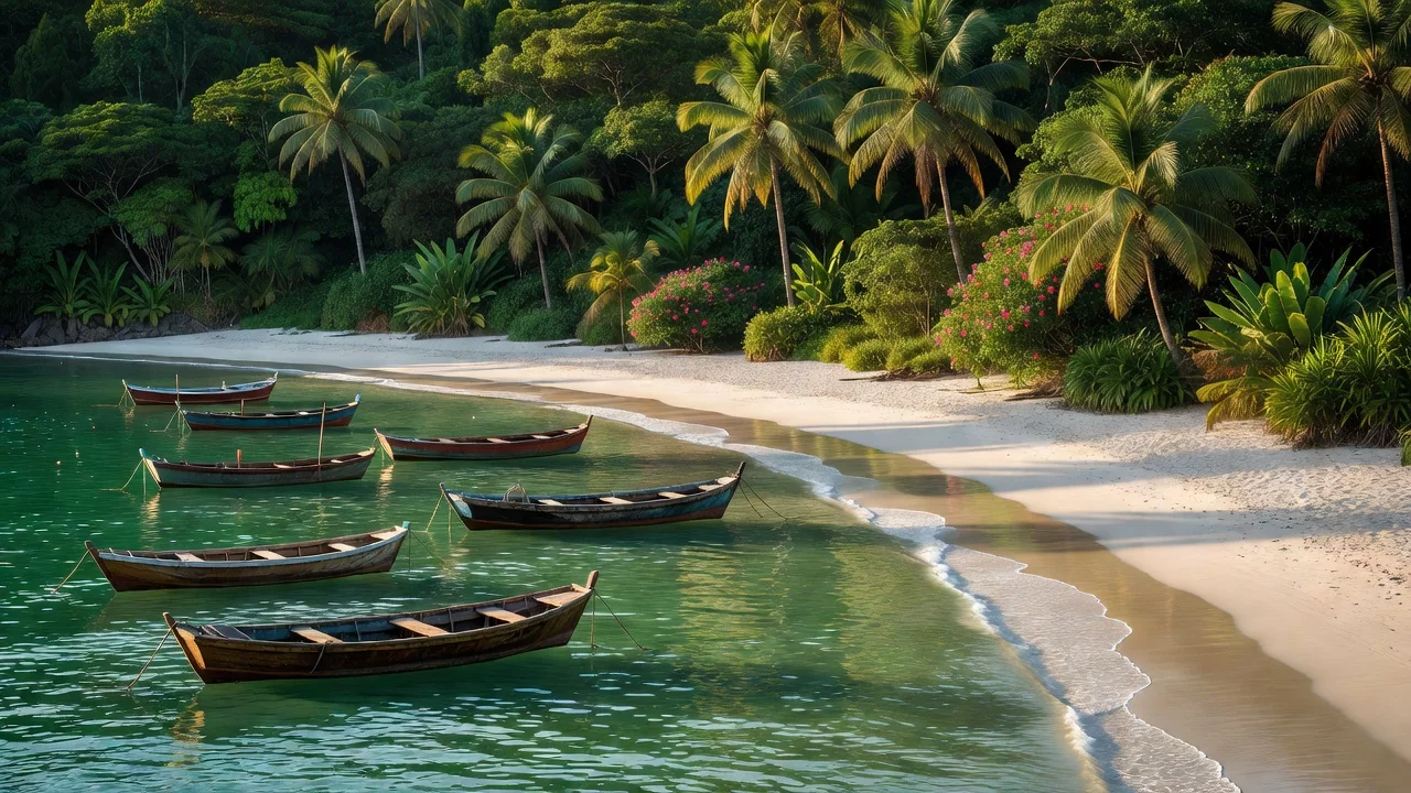 Praia de água verde-esmeralda com barquinhos e vegetação ao redor em Búzios