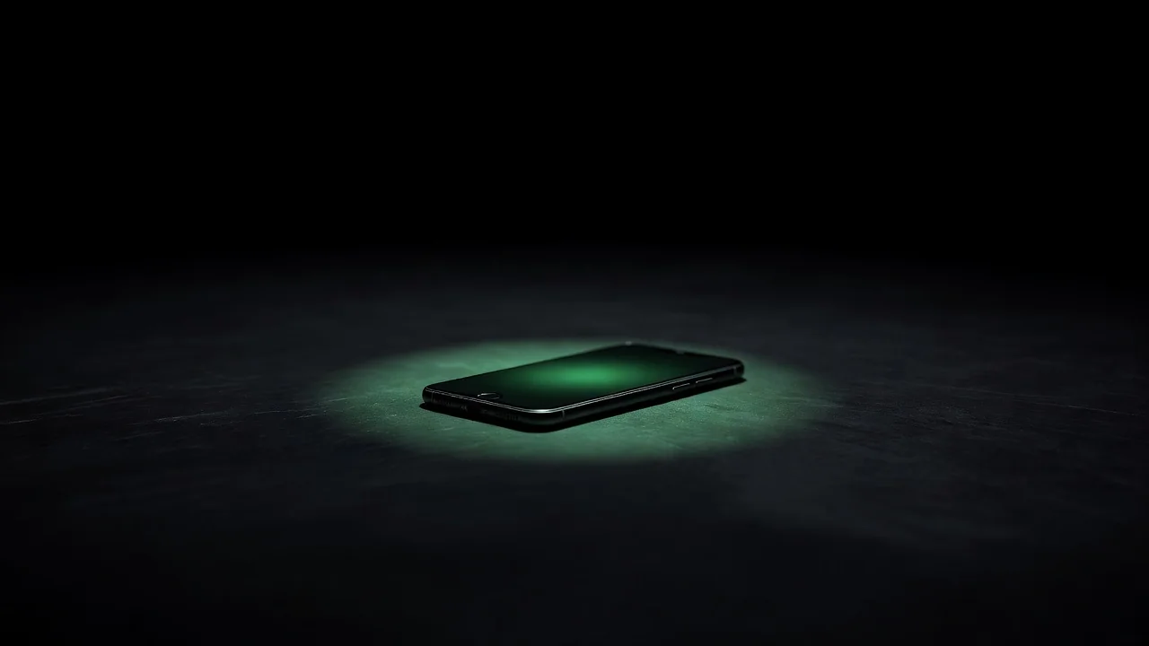 Hand holding a smartphone with a green button on screen