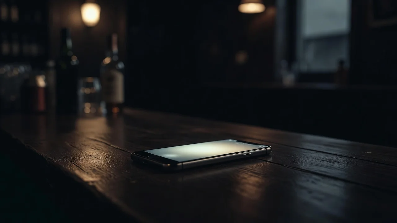Smartphone with a sports app screen on a bar table