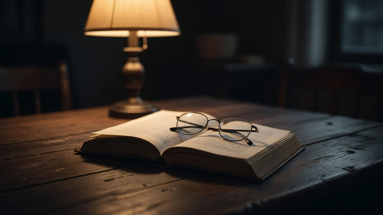 Open book and glasses on a wooden table at night