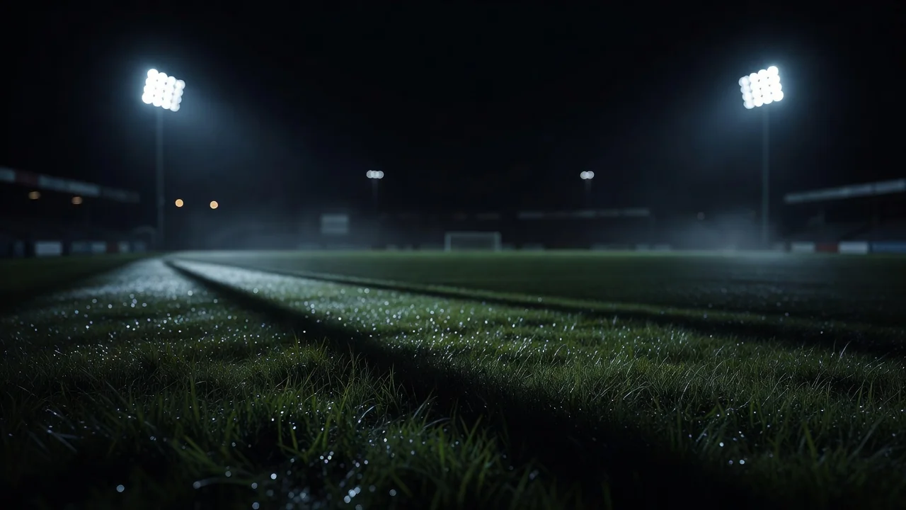 Football stadium floodlights over a night pitch
