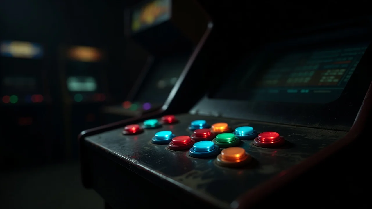 Glowing arcade machine in a dark gaming hall