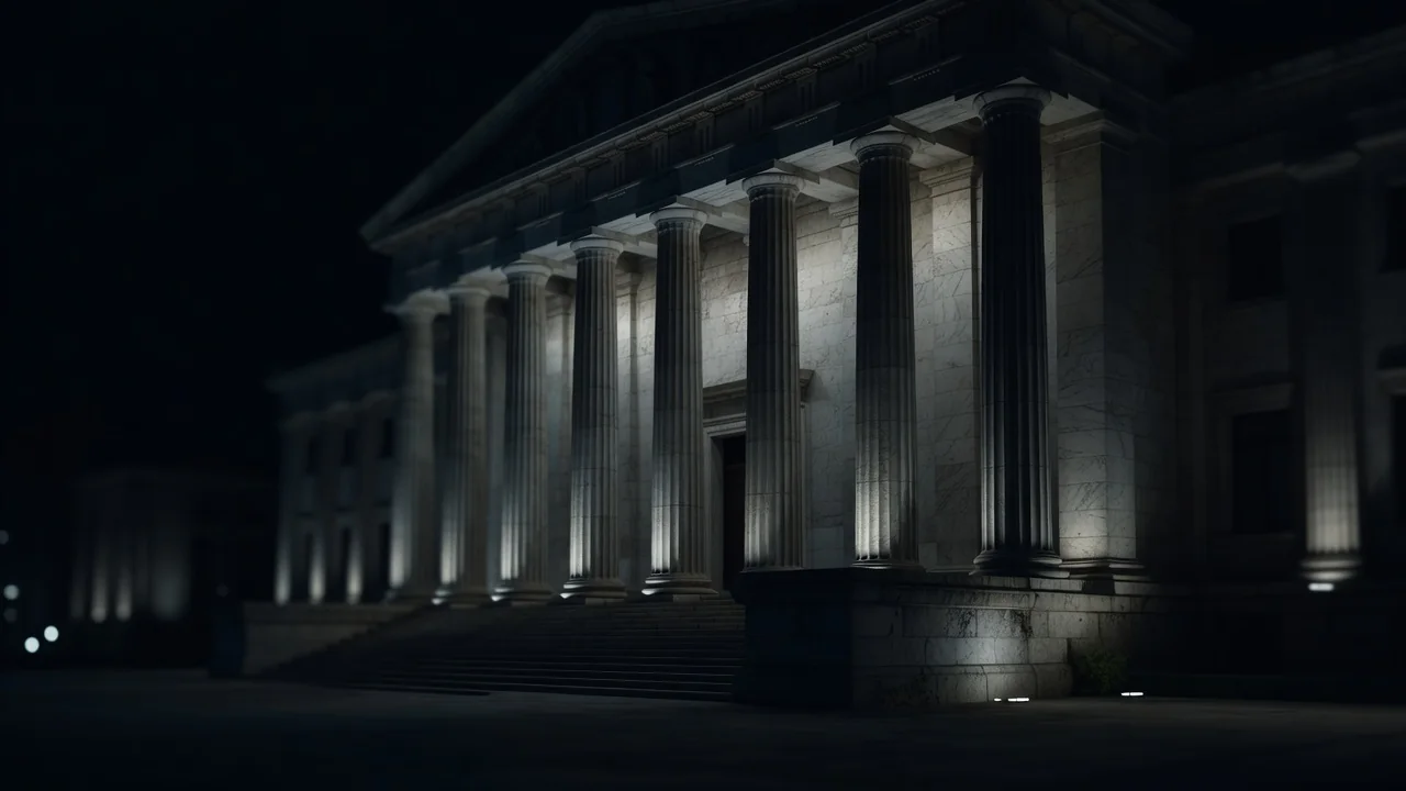 Government building facade lit up at night