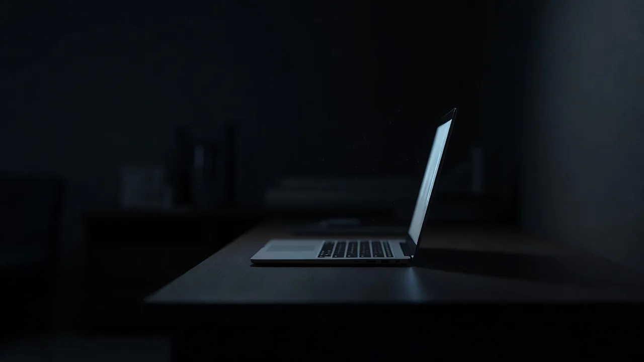 Laptop screen glow in a dark room at night