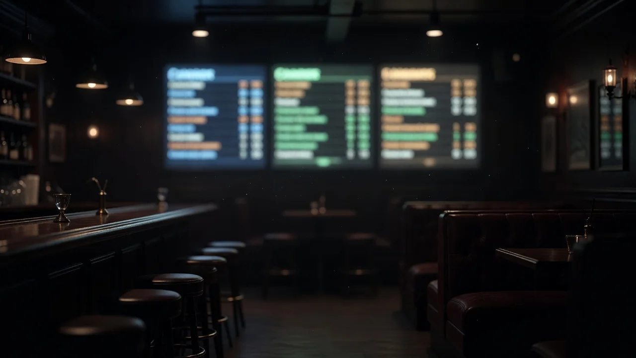 Sports statistics board glowing in a bar at night
