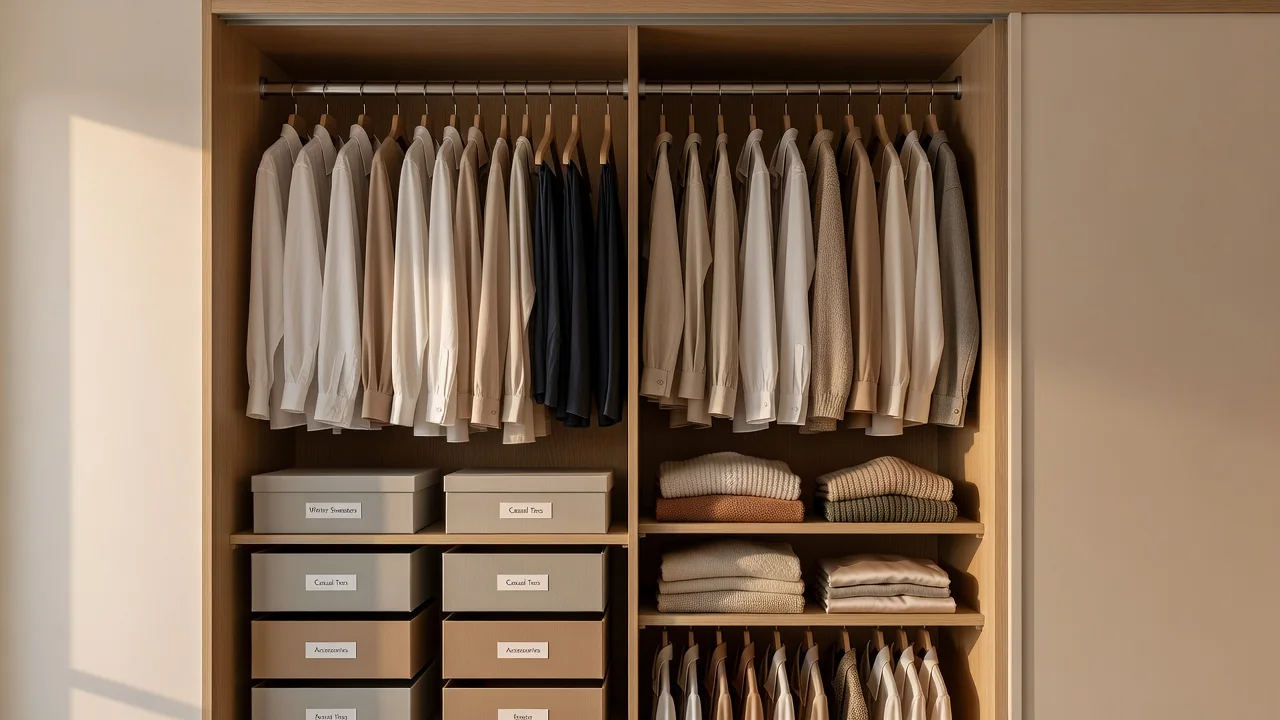Estante de sala organizada com cestos de fibra natural, livros e vaso de planta