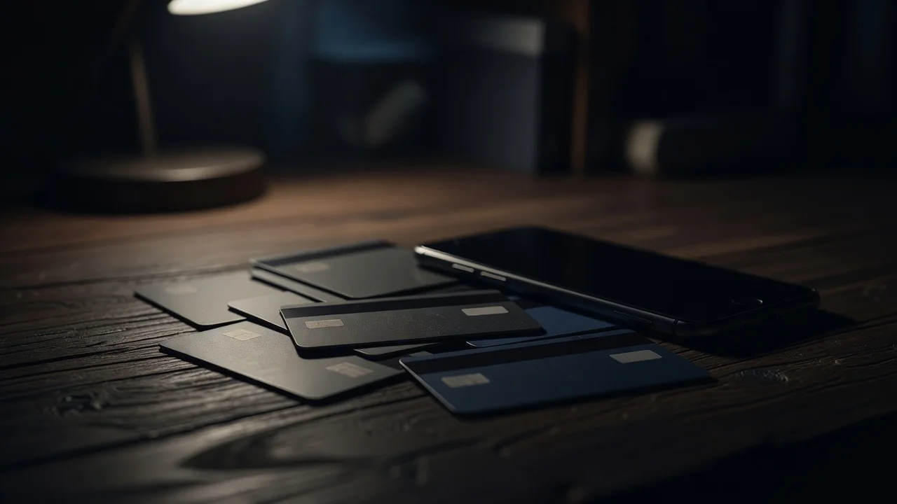 Bank cards and a smartphone on a wooden desk at night