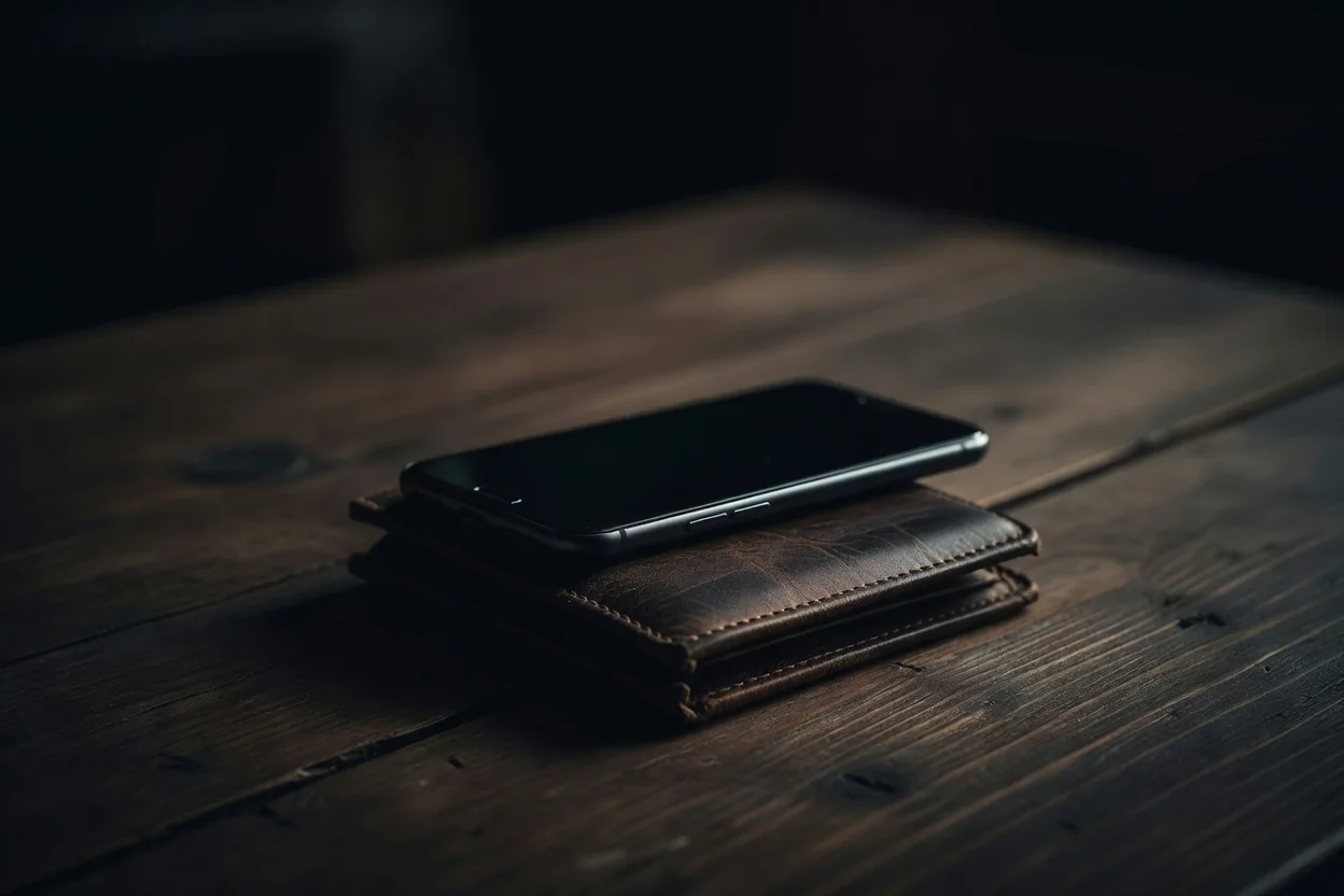 Smartphone showing a payment confirmation over a wallet