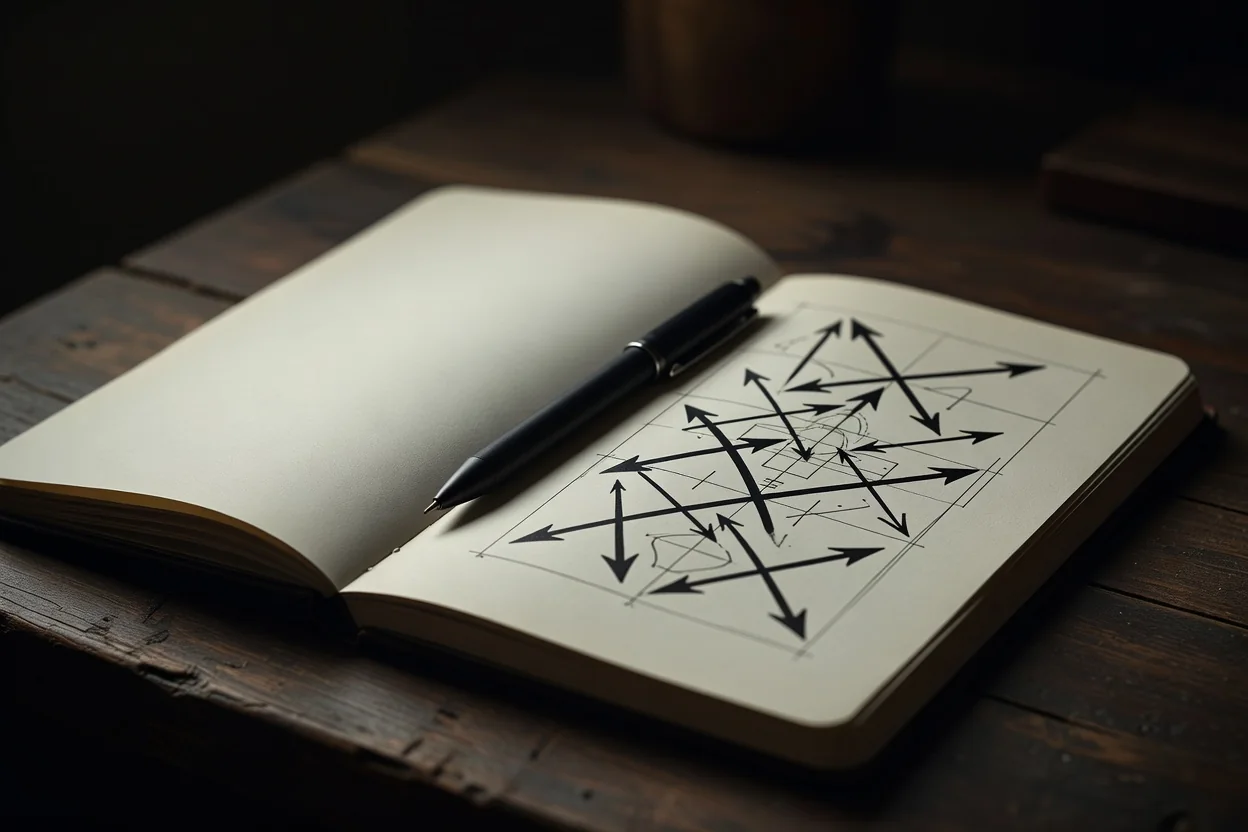 Open notebook with match statistics and a pen on a desk