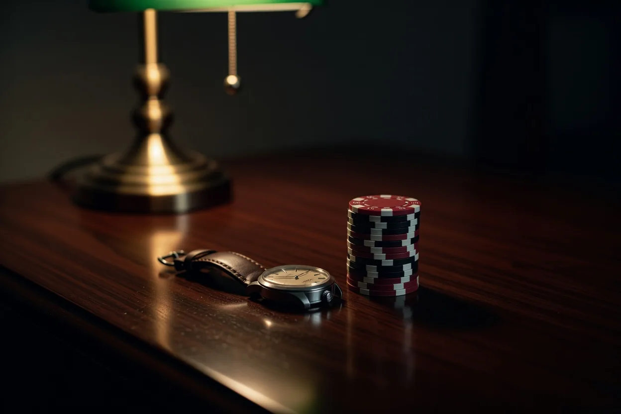 Wristwatch and cards on a table in soft warm light