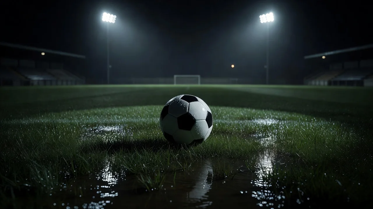 Football ball on a wet night pitch under floodlights