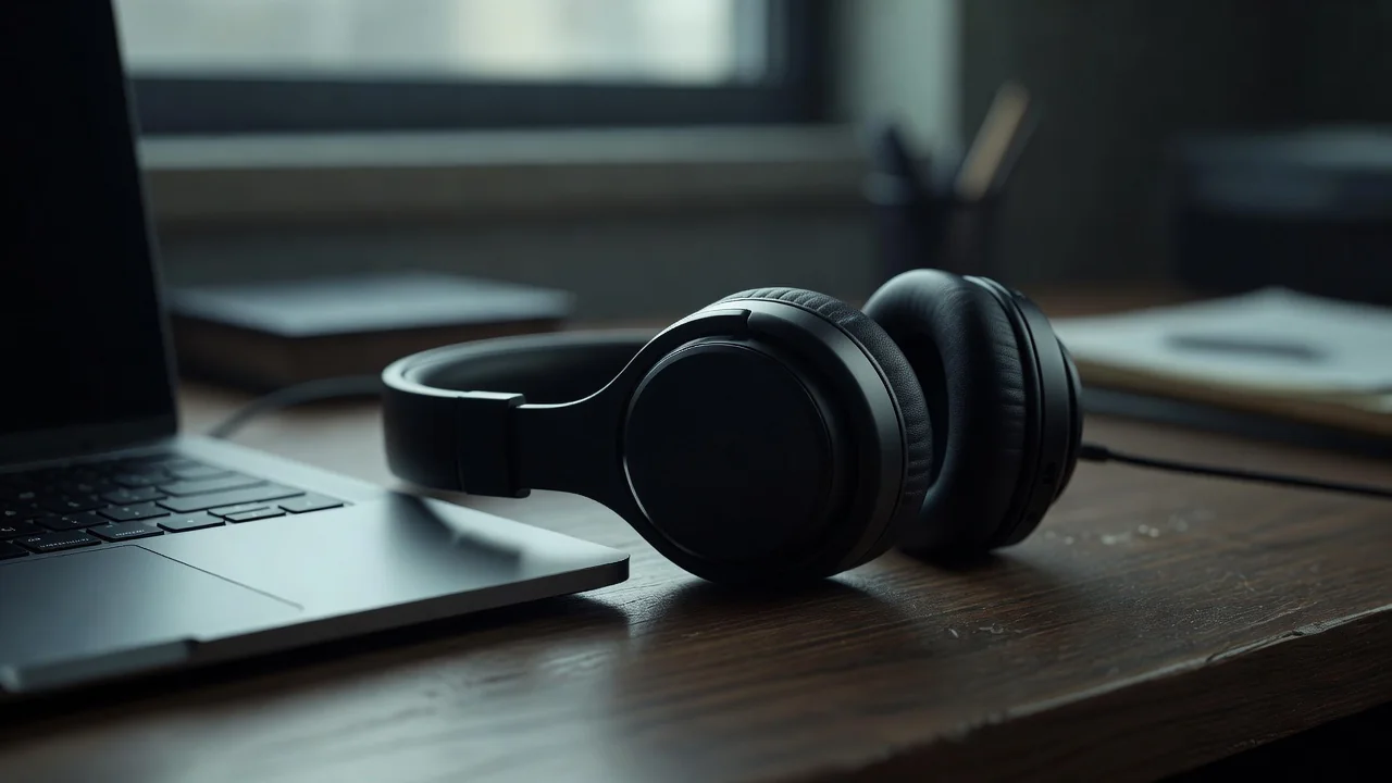 Headset on a desk next to a laptop in soft office light