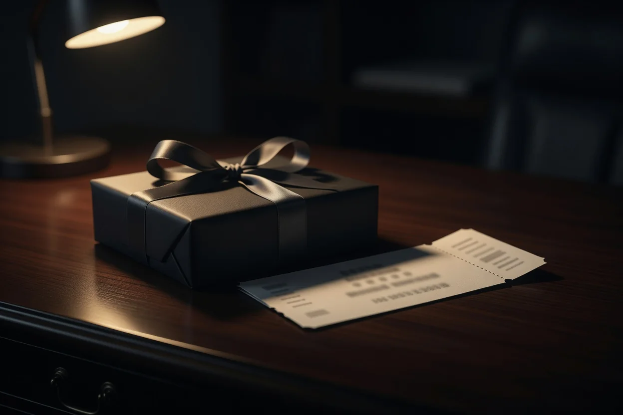 Gift box and sports ticket on a dark desk under warm light