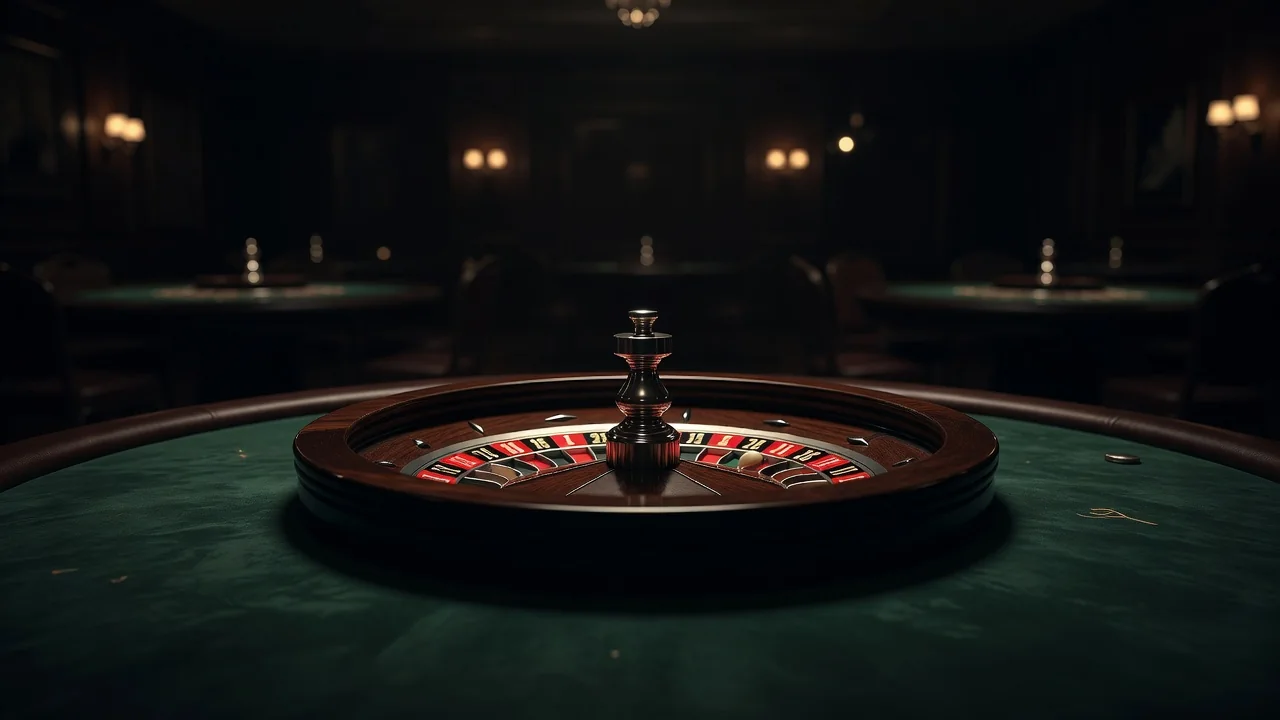 Roulette wheel in a dim casino hall with green felt