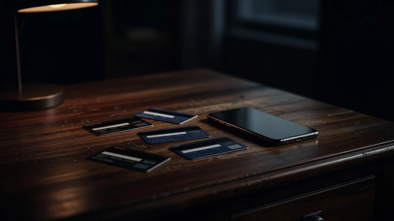 Bank cards and a smartphone on a wooden desk at night