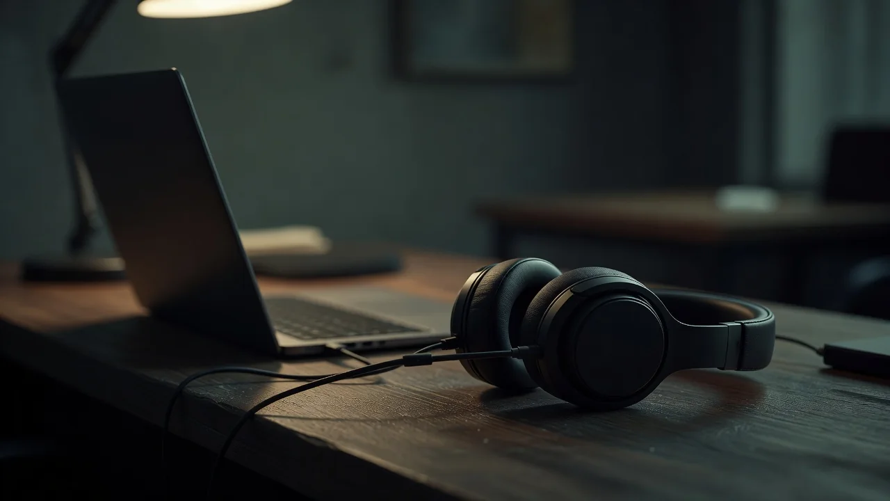 Headset on a desk next to a laptop in soft office light