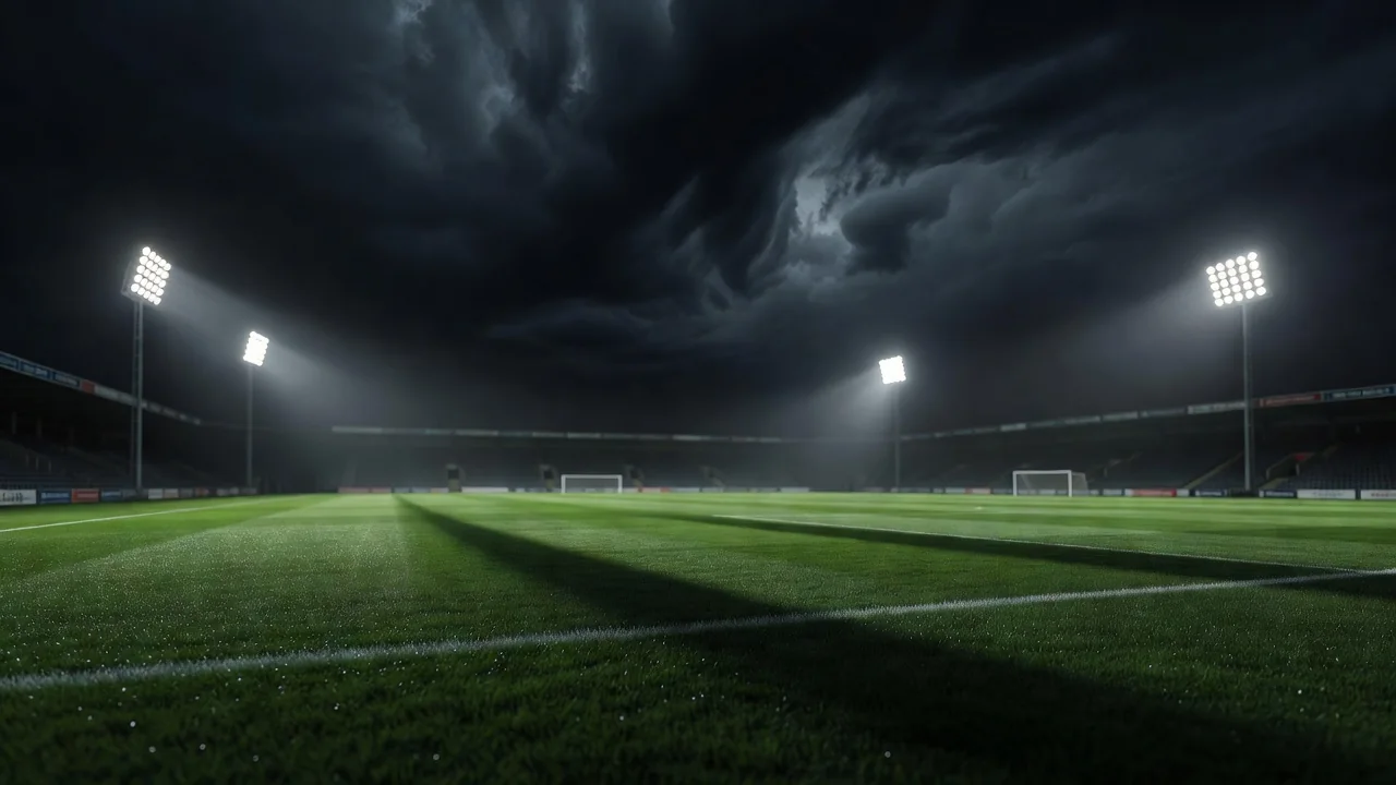 Football stadium floodlights over a night pitch