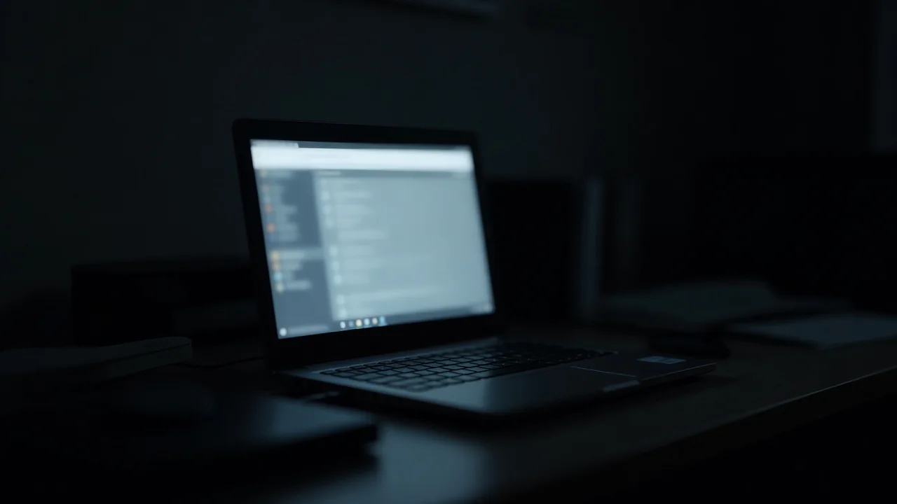 Laptop screen glow in a dark room at night