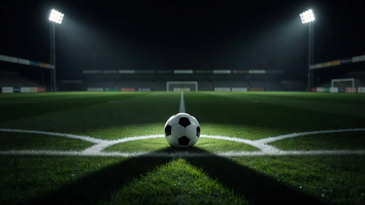 Football ball on a penalty spot under stadium lights