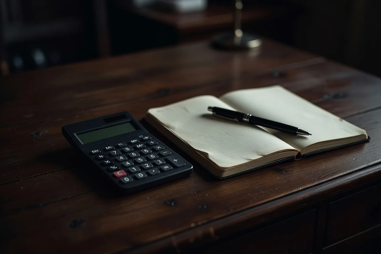 Calculator, notebook and pen on a dark desk