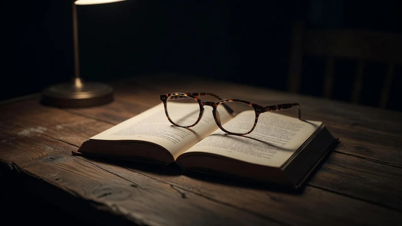 Open book and glasses on a wooden table at night