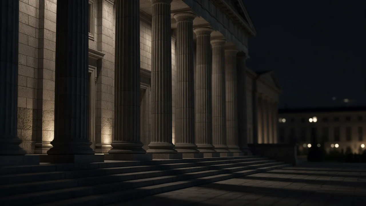 Government building facade lit up at night