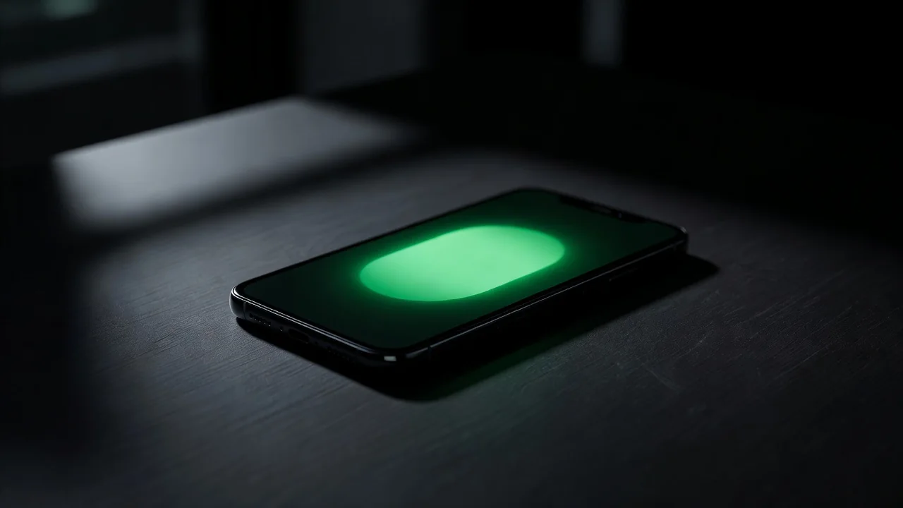 Hand holding a smartphone with a green button on screen
