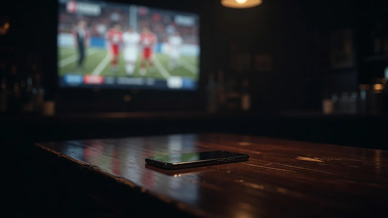 Smartphone with a sports app screen on a bar table