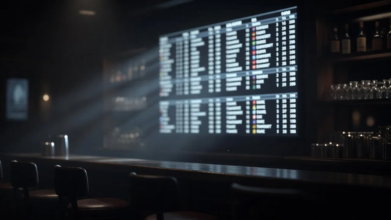 Sports statistics board glowing in a bar at night
