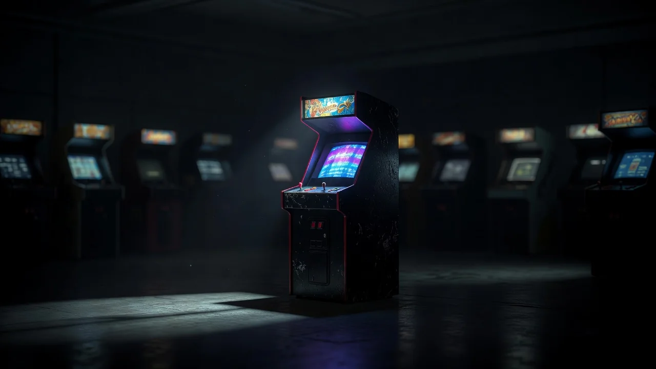 Glowing arcade machine in a dark gaming hall