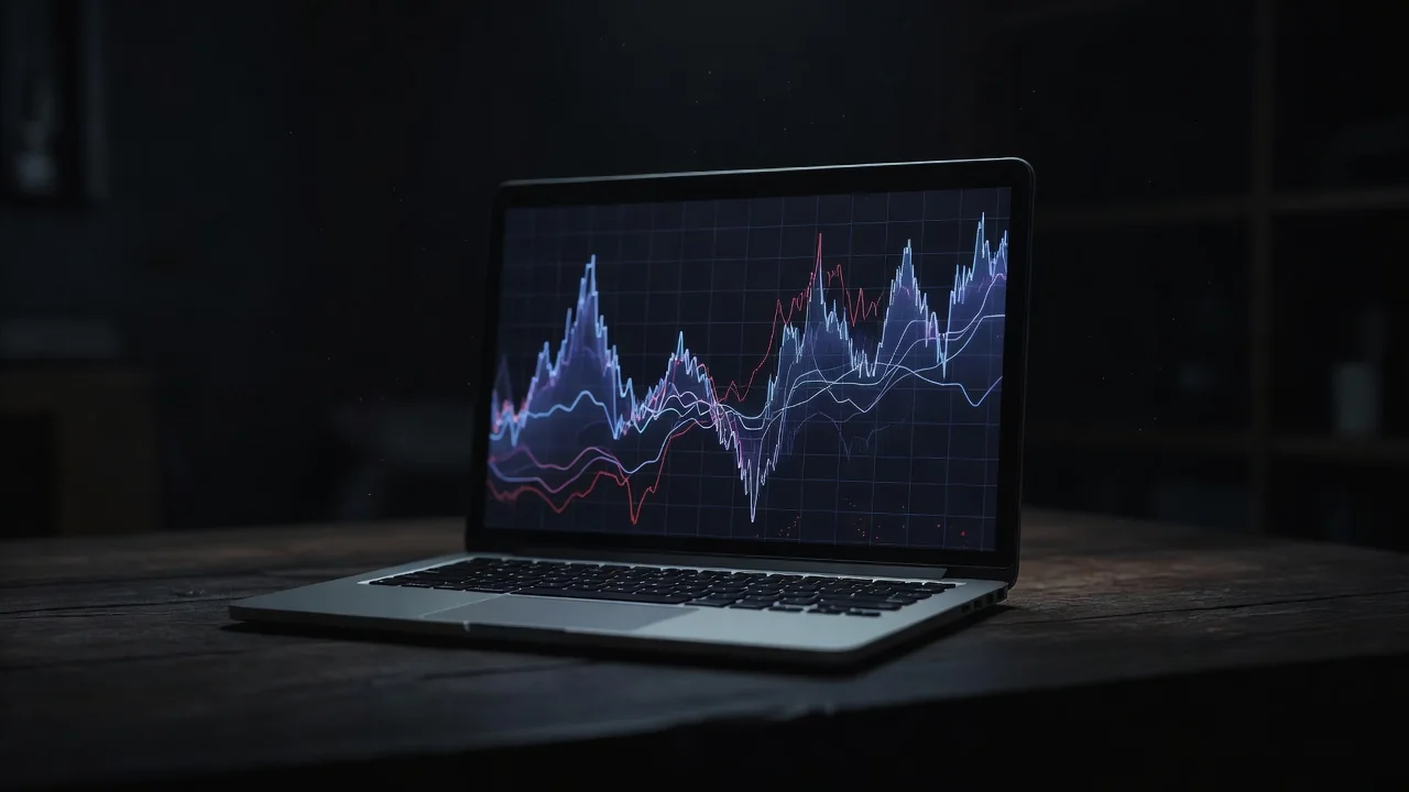 Laptop with a live match graph in a dark room