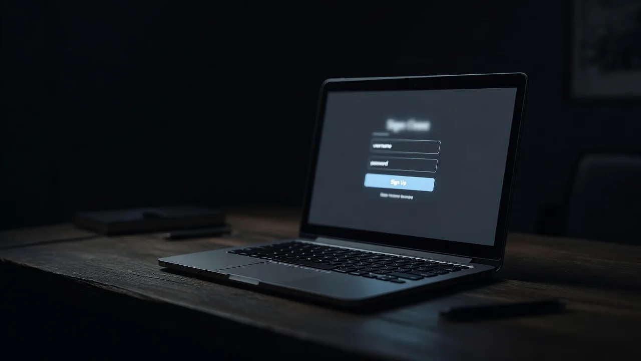 Register on 1xBet Laptop with a sign-up form glowing on a dark desk