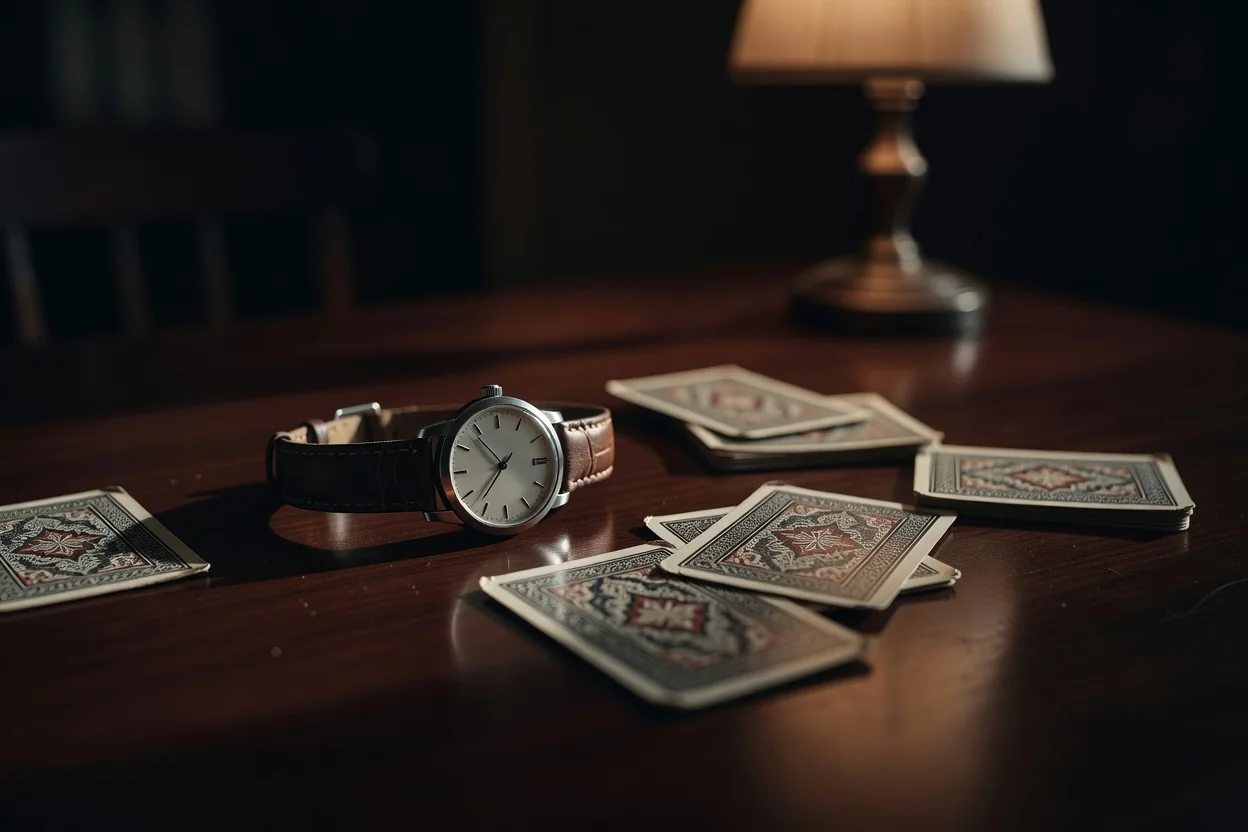 Wristwatch and cards on a table in soft warm light