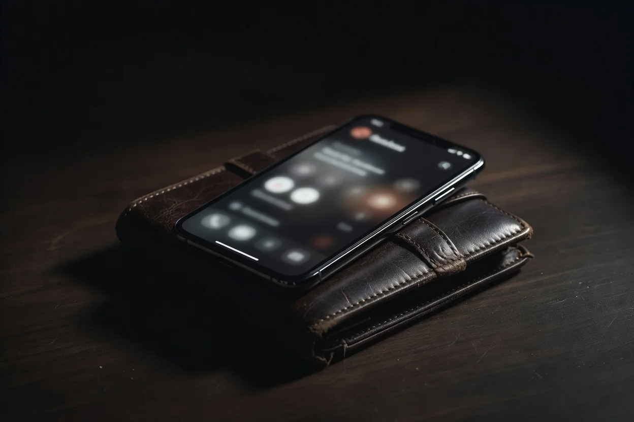 Smartphone showing a payment confirmation over a wallet